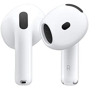 Apple AirPods 4 white wireless earbuds with white USB-C charging case.