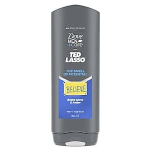 Blue and white bottle of Dove Men+Care Body Wash.