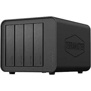 TerraMaster D4-320 black 4-bay external hard drive enclosure with USB 3.2 Gen2 connectivity and metal chassis.