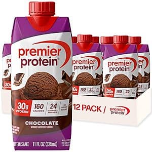 12-pack of Premier Protein Shake 11-ounce bottles in Chocolate flavor.