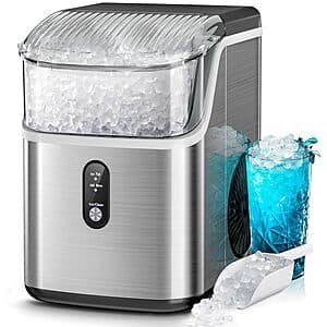Silver countertop nugget ice maker with compact design and self-cleaning feature.