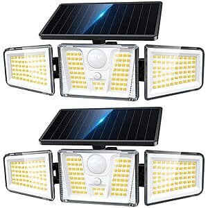 Two black KOOPER solar motion sensor flood lights with 3 adjustable heads and 210 LED bulbs each.