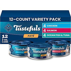 12-count Blue Buffalo Tastefuls Wet Cat Food Variety Pack with 3-oz portions in assorted flavors.