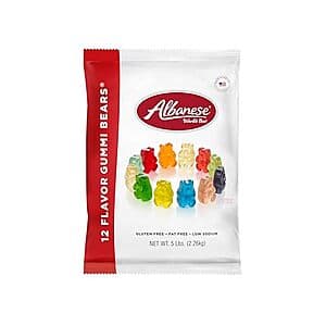 5-pound bag of Albanese World's Best Gummi Bears featuring assorted 12 fruit flavors in colorful packaging.