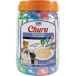 50-pack box of INABA Churu cat treats in tuna flavor, 0.5 oz individual pouches.