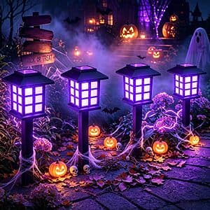 12-Pk GIGALUMI Outdoor Solar-Powered Path Lights w/ Purple LED Bulbs $12.50