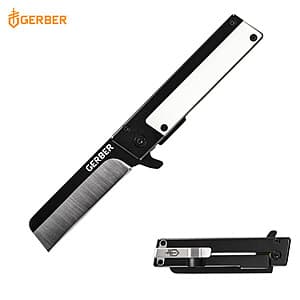 Gerber Quadrant folding knife with white and black handle, 2.7-inch sheepsfoot blade, and finger flipper for one-hand deployment.