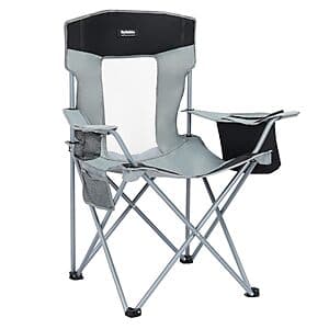 Gray portable folding camping chair with attached drink holder and cooler pouch, 220 lb weight capacity.