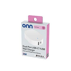 Black onn 32W wall charger with dual USB-C and USB-A ports for charging multiple devices simultaneously.