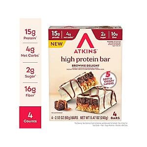 Four Atkins High Protein Bars in Brownie Delight flavor, each 2.12 oz, displayed as a 4-pack.