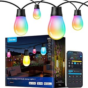Govee S14 Bulb 96-foot outdoor string lights with multicolored RGBICW bulbs on a weatherproof cord.