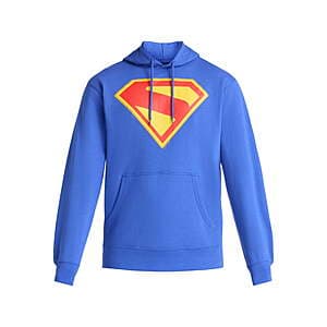 Superman Men's Shield Graphic Pullover Hoodie in gray with DC Comics Superman shield graphic on front, shown in relaxed fit with attached hood and kangaroo pocket.