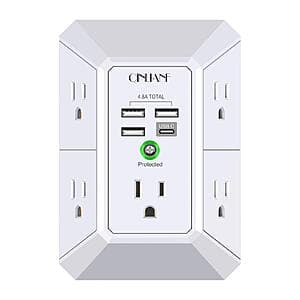 QINLIANF 3-Prong Outlet Extender w/ 1680J Surge, 5x AC, 3x USB-A, 1x USB-C $10