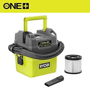 RYOBI ONE+ 18V cordless wet/dry vacuum with 1-gallon capacity, featuring a compact design with carrying handle and dust collection tank.