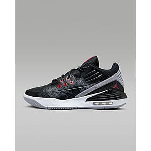 Jordan Men's Max Aura 5 sneaker in black, white, cement grey, and university red colorway.
