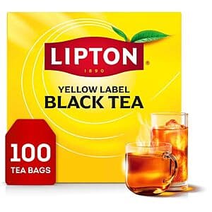 Lipton Black Tea Bags 100-count box with classic branding and packaging.