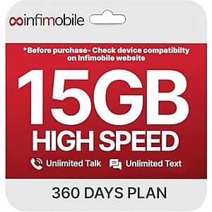 Infimobile wireless service plan card or promotional image showing unlimited talk and text with 15GB monthly data option.