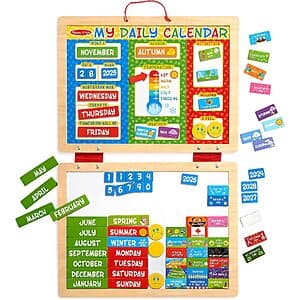 Melissa & Doug wooden calendar play set with magnetic tiles for days, months, weather, and seasons in natural wood tones.