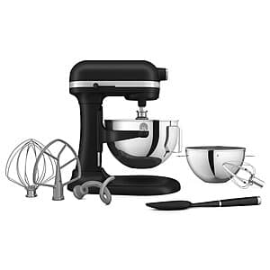 KitchenAid 5.5 quart bowl-lift stand mixer with stainless steel bowl and mixing attachments, available in black or silver finish.