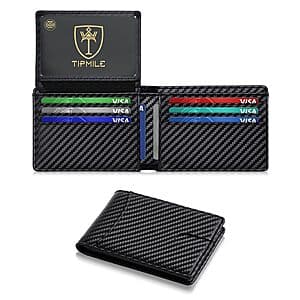 Black slim bifold wallet with visible card slots and RFID-blocking protection.