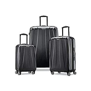 Three-piece hardside Samsonite Centric 2 luggage set with spinner wheels in olive color, showing 20-inch, 24-inch, and 28-inch suitcases.
