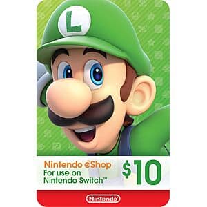 Nintendo eShop Gift Card digital code displayed on screen or promotional image showing $10 value.