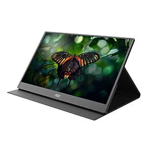 AOC 16T15 15.6-inch portable IPS monitor with slim black bezels, USB-C port on side, and built-in speakers, displayed at an angle showing the Full HD screen.
