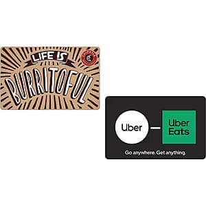 Digital eGift Card Sale (Email Delivery): $50 Chipotle or Uber/Uber Eats $45 & More