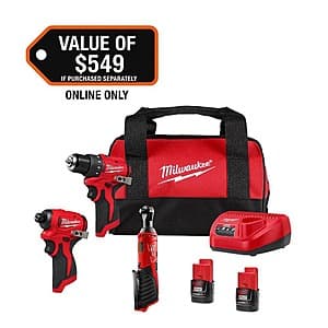Milwaukee M12 Drill & Impact Driver + 3/8" Ratchet + 2 Batteries + Charger + Bag $169 + Free Shipping