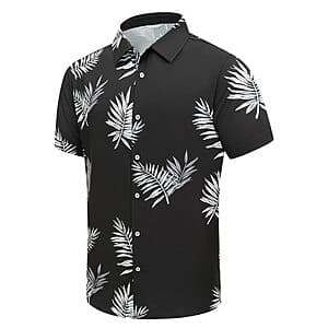 SheLucki men's button-down Hawaiian shirt in various tropical colors and patterns, displayed in available sizes from S to 6XL.