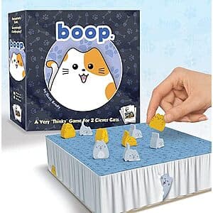 Cat-themed strategy board game for two players with game pieces and cards.