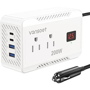 vansoet 200W car power inverter with black casing, 2 AC outlets on front, and 4 USB charging ports (2 USB-C and 2 USB-A).