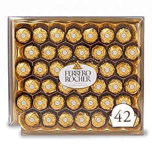 42-pack of Ferrero Rocher gourmet hazelnut milk chocolate pieces in gold foil wrapper packaging.