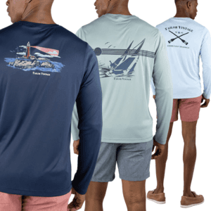 Three men's short-sleeve sun shirts in white with UPF 50+ protection: Lighthouse design, Green Sailboat design, and Crew design.