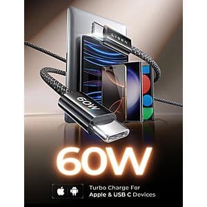 5-Pack LISEN 60W USB-C Charging Cables (2x 3.3', 2x 6.6' + 10') $7.95