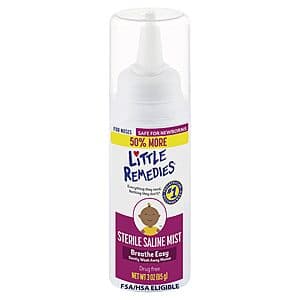 Little Remedies Sterile Baby Saline Nasal Mist 3-ounce bottle with white and green packaging on white background.