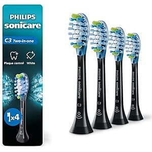 Four black Philips Sonicare C3 Premium Plaque Control replacement toothbrush heads in a pack.