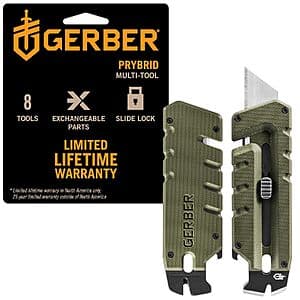 Green Gerber Prybrid 8-in-1 EDC pocket knife multitool with slide-lock utility blade and integrated tools including drivers, pry bar, and bottle opener.