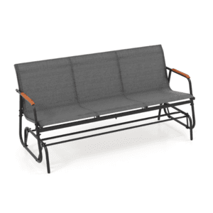 Gray patio glider bench seating three people with curved teak wood armrests and breathable fabric seat.