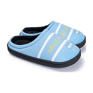Boys' slip-on slipper with soccer team design in blue, white, or other national colors, shown in toddler and little boy sizes.