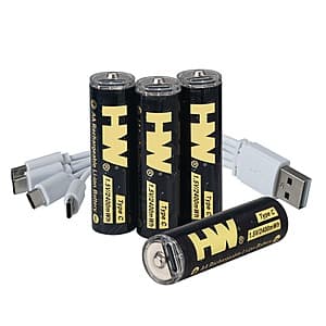 4-Pack HW USB-C Rechargeable 1.5V 1600mAh AA Lithium Batteries w/ Charger Cable $5.50 w/ Subscribe & Save
