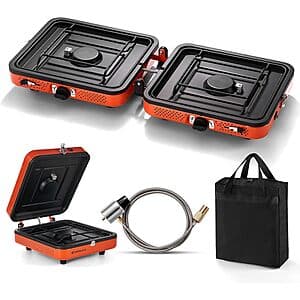 Odoland portable 2-burner propane camping stove with dual burner setup and propane fuel connection.