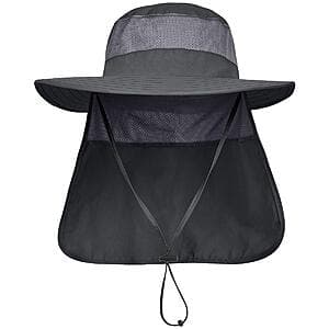 Dark grey wide-brimmed safari hat with attached neck flap, displaying UPF 50+ sun protection design.