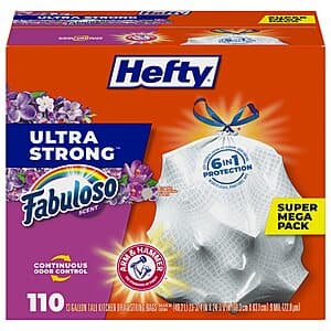 110-Count Hefty Ultra Strong 13-Gallon Tall Kitchen Trash Bags (Fabuloso Scent) $13.40 w/ Subscribe & Save