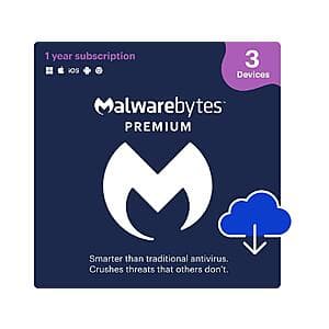 1-Year Malwarebytes Premium Security (3-Devices/Digital Download) $13 & More
