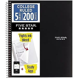 Five Star 5-subject spiral notebook with college ruled paper, 8.5" x 11" size, featuring the Study App branding on the cover.