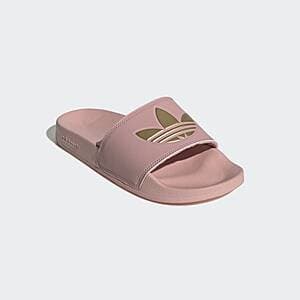 adidas Adilette Lite Slides in three color options: Core Black with Matte Gold, Cloud White with Matte Silver, and Wonder Mauve with Matte Gold.