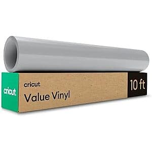 Roll of Cricut Value Permanent Vinyl in gray, 12 inches wide by 10 feet long, with branded packaging.