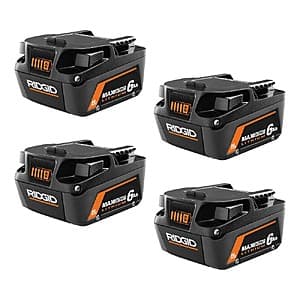 Four RIDGID 18V MAX 6.0-Ah lithium-ion batteries with intelligent electronics, displaying the compact black design of the high-capacity battery pack.