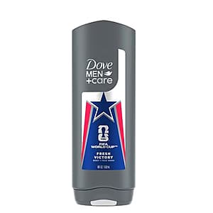 Dove Limited Edition FIFA Body Wash bottle in 18-20 oz size with various available scent options.
